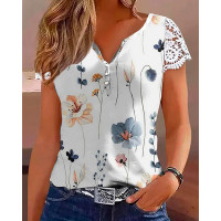 Floral Print Notch Neck Lace Patch Top - white