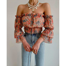 Floral Print Off Shoulder Bell Sleeve Chiffon Top - Multicolor