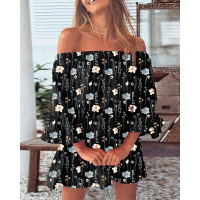 Floral Print Off Shoulder Casual Dress - black