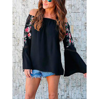 Floral Print Off Shoulder Flare Sleeve Blouse - black