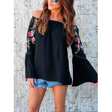 Floral Print Off Shoulder Flare Sleeve Blouse - black