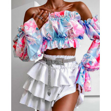 Floral Print Off Shoulder Flared Sleeves Frill Hem Crop Top - Multicolor