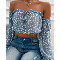 Floral Print Off Shoulder Frill Hem Blouse - blue