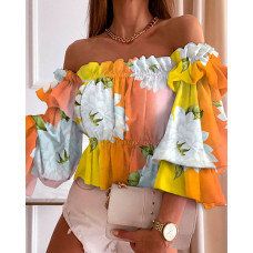 Floral Print Off Shoulder Frill Hem Peplum Top - orange