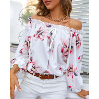 Floral Print Off Shoulder Frill Hem Top - white