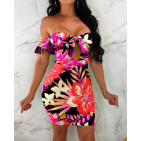 Floral Print Off Shoulder Knot Front Bodycon Dress - Multicolor