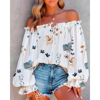 Floral Print Off Shoulder Lantern Sleeve Top - white