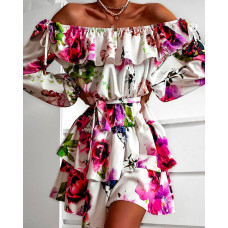 Floral Print Off Shoulder Long Sleeve Ruffle Trim Dress - Multicolor