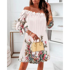 Floral Print Off Shoulder Pleated Casual Dress - white