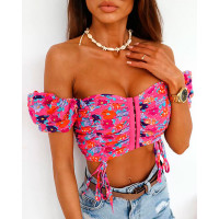 Floral Print Off Shoulder Puff Sleeve Crop Top - hot pink