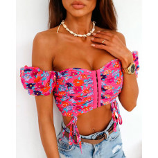 Floral Print Off Shoulder Puff Sleeve Crop Top - hot pink