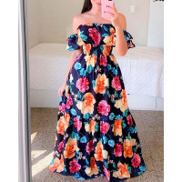 Floral Print Off Shoulder Shirred Maxi Dress - dark blue