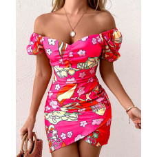 Floral Print Off Shoulder Shirred Wrap Dress - Multicolor