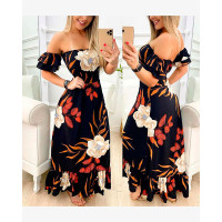 Floral Print Off Shoulder Short Sleeve Ruffle Hem Maxi Dress - black