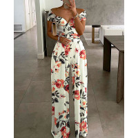 Floral Print Off Shoulder Wide Leg Jumpsuit - Multicolor