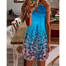 Floral Print Ombre Keyhole Neck Casual Dress - blue