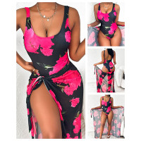 Floral Print One-Piece Swimsuit With Cover Up - black