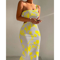 Floral Print One Shoulder Cutout Ribbed Bodycon Dress - yellow