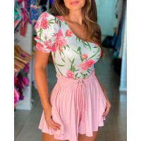 Floral Print One Shoulder Cutout Top & Frill Hem Shorts Set - pink