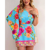 Floral Print One Shoulder Ruched Dress - Multicolor