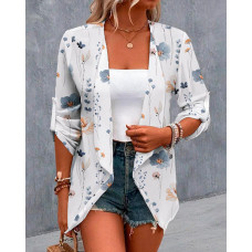 Floral Print Open Front Roll Up Sleeve Coat - white