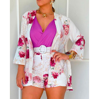 Floral Print Open Front Top & High Waist Shorts Set - white