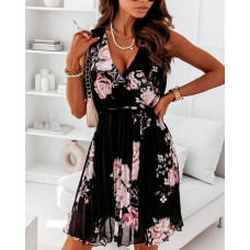 Floral Print Overlap Pleated Chiffon Dress - black