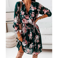 Floral Print Overlap Pleated Chiffon Dress - green