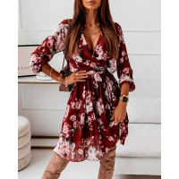 Floral Print Overlap Pleated Chiffon Dress - Wine red