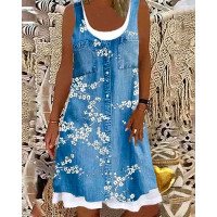 Floral Print Patchwork Casual Tank Dress - Lighted Blue