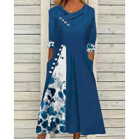 Floral Print Patchwork Overlap Ruched Casual Dress - purplish blue