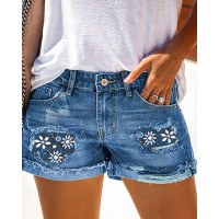 Floral Print Patchwork Ripped Denim Shorts - blue