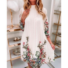 Floral Print Pleated Casual Dress - white