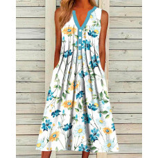 Floral Print Pleated Design Sleeveless Casual Dress - white