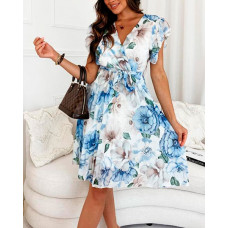 Floral Print Pleated Wrap Chiffon Dress - blue