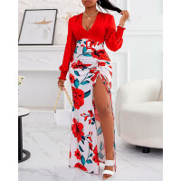 Floral Print Plunge High Slit Drawstring Maxi Dress - red