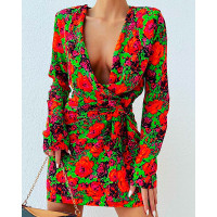 Floral Print Plunge Knotted Dress - red