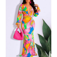 Floral Print Plunge Tied Detail Mermaid Maxi Dress - Multicolor