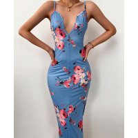 Floral Print Plunging Neck Bodycon Cami Dress - blue