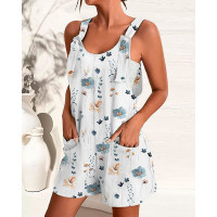 Floral Print Pocket Design Casual Suspender Romper - white