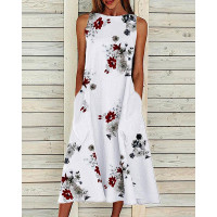 Floral Print Pocket Design Casual Swing Dress - white