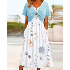 Floral Print Pocket Design Dress With Twisted Top - blue