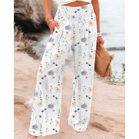 Floral Print Pocket Design Wide Leg Pants - white