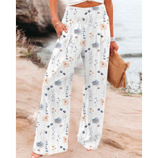 Floral Print Pocket Design Wide Leg Pants - white