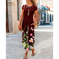 Floral Print Pocket Detail Curved Hem Casual Dress - Wine red