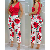 Floral Print Pocket Detail V-Back Wrap Jumpsuit - red