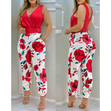 Floral Print Pocket Detail V-Back Wrap Jumpsuit - red