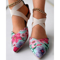 Floral Print Point Toe Crisscross Mules - Multicolor