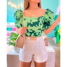 Floral Print Puff Sleeve Crop Top & Shorts Set - green