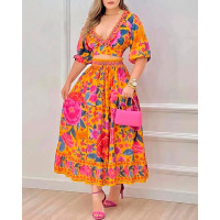 Floral Print Puff Sleeve Crop Top & Skirt Set - Multicolor